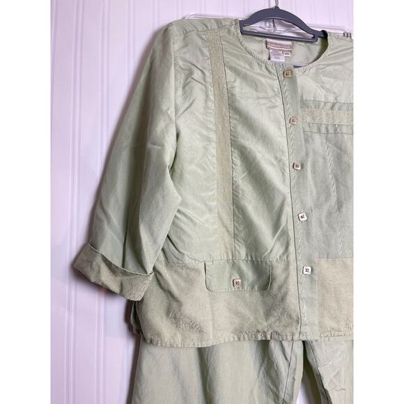Coldwater Creek Silk Cotton Embroidered Pajama Set Women SP VTG Pistachio Green - Picture 2 of 14